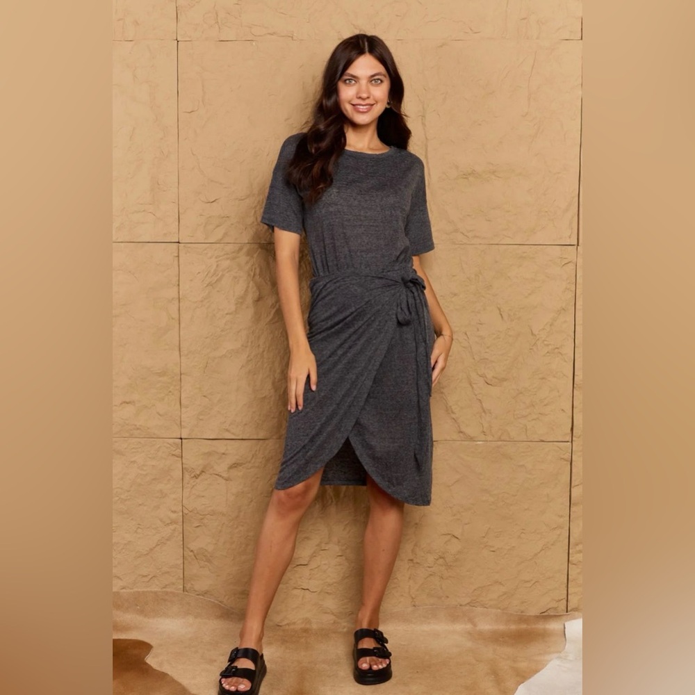Fate Linen Casual Dress Tie Waist Heather Gray Midi High Slit Short Sleeve Small